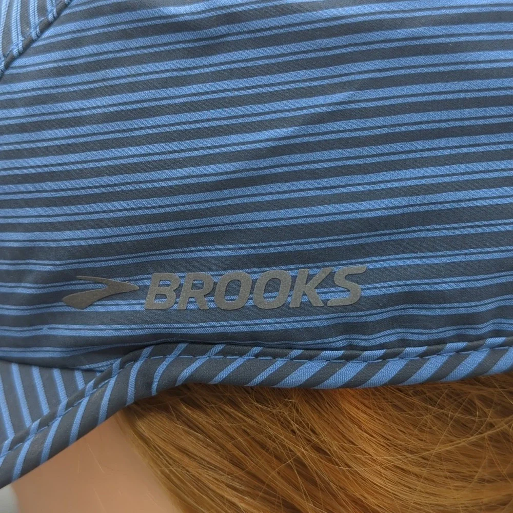 Brooks 5 Panel Hat Cap Strapback OSFA Blue Stripe Running Lightweight Adjustable